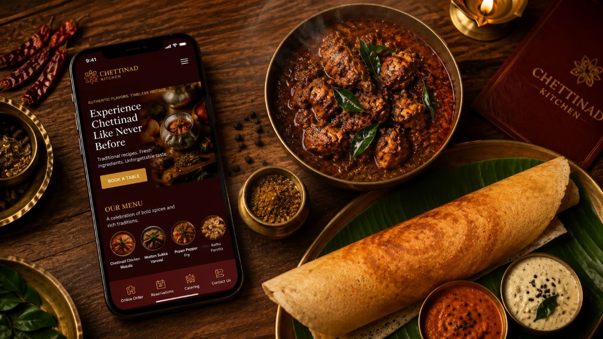 Best Website Design Company and Digital Marketing Agency - Best Website Design Company and Digital Marketing Agency Tamil Nadu restaurant owner showcasing a modern restaurant website design ideas with menu and online ordering